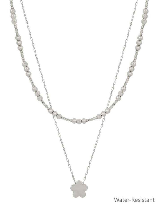 Water Resistant Silver Beaded and Silver Flower 16"-18" Necklace