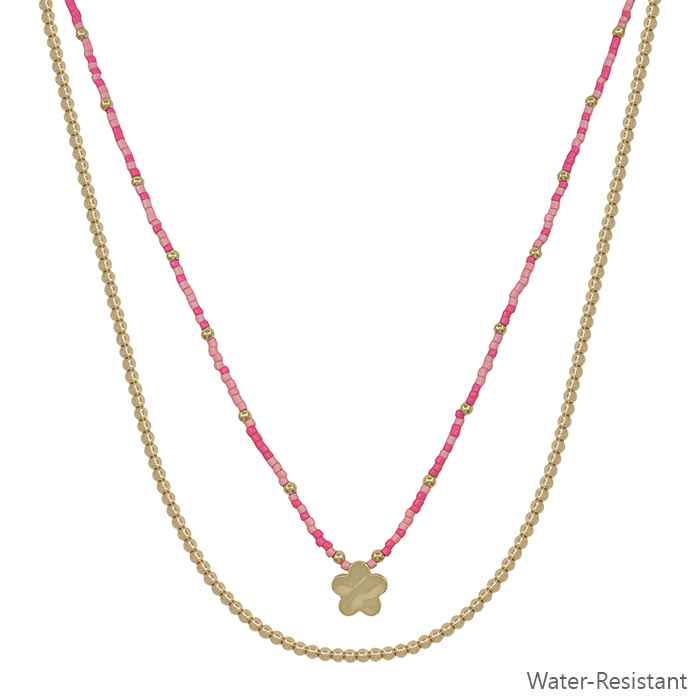 Water Resistant Pink Seed Bead with Gold Flower 16"-18" Necklace