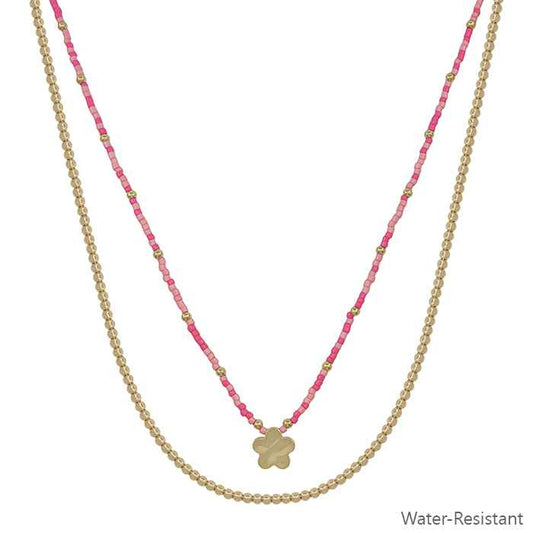 Water Resistant Pink Seed Bead with Gold Flower 16"-18" Necklace