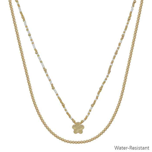 Water Resistant White Seed Bead with Gold Flower 16"-18" Necklace