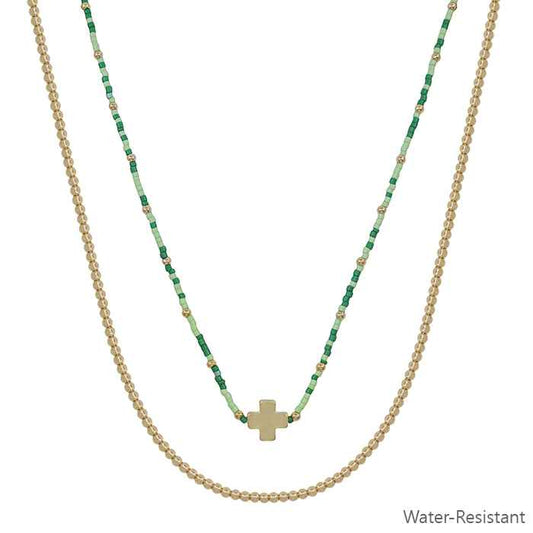 Water Resistant Green Seed Bead with Gold Cross 16"-18" Necklace