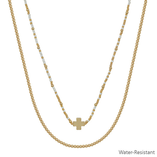Water Resistant White Seed Bead with Gold Cross 16"-18" Necklace