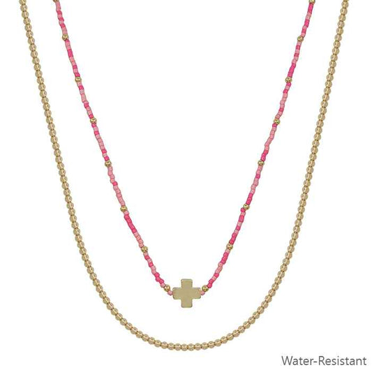 Water Resistant White Seed Bead with Gold Cross 16"-18" Necklace