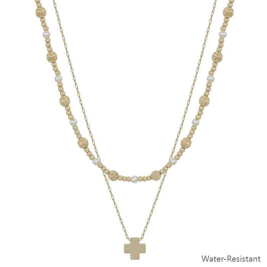 Water Resistant Textured Gold Bead and Pearl with Cross Layered 16"-18" Necklace