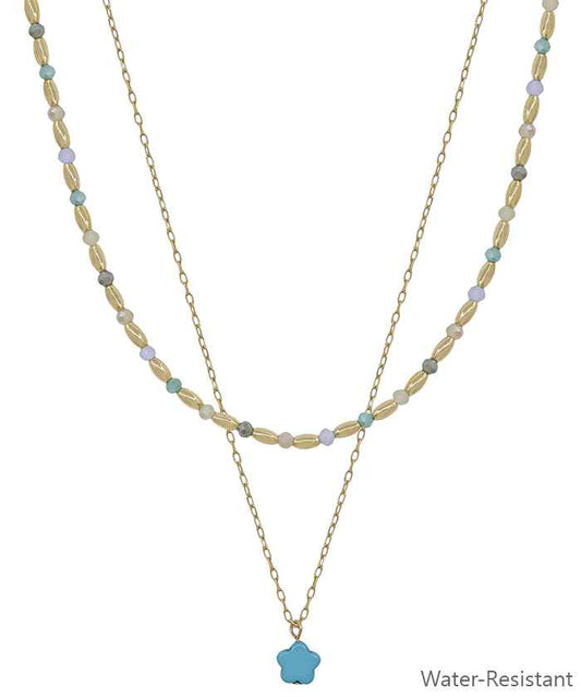 Gold Beaded and Light Multi Crystal Layered Flower 16"-18" Necklace