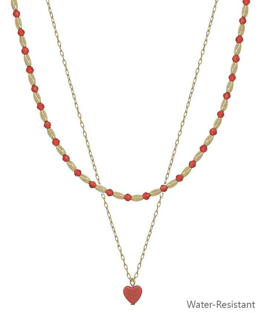 Gold Beaded and Red Layered Heart 16"-18" Necklace