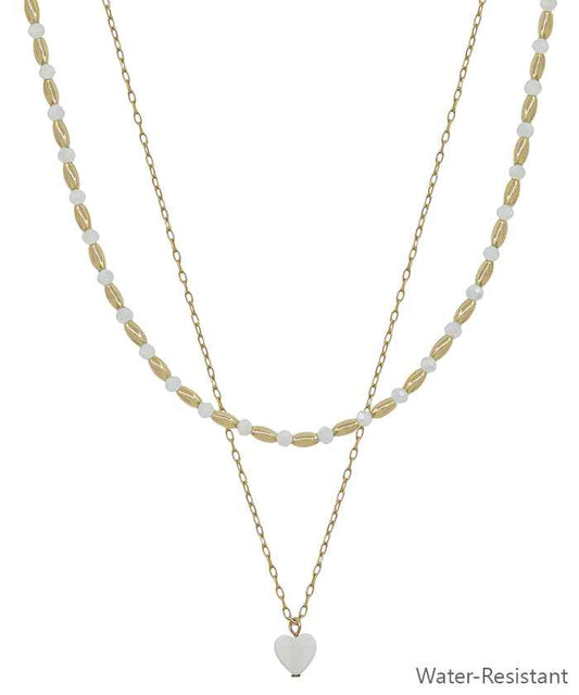 Gold Beaded and White Layered Heart 16"-18" Necklace