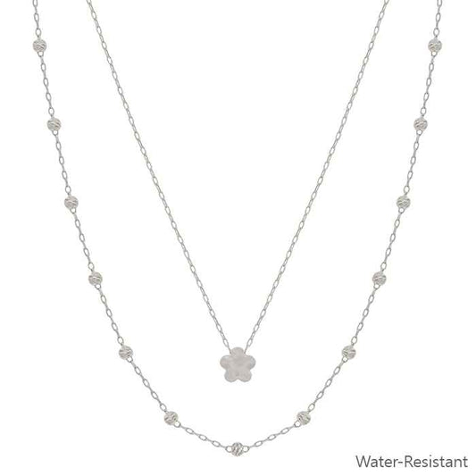 Water Resistant Silver Beaded and Flower 16"-18" Necklace