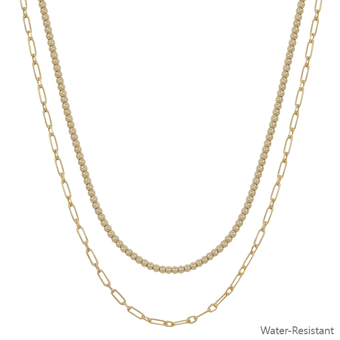 Water Resistant Double Layered Gold Beaded and Chain 16"-18" Necklace