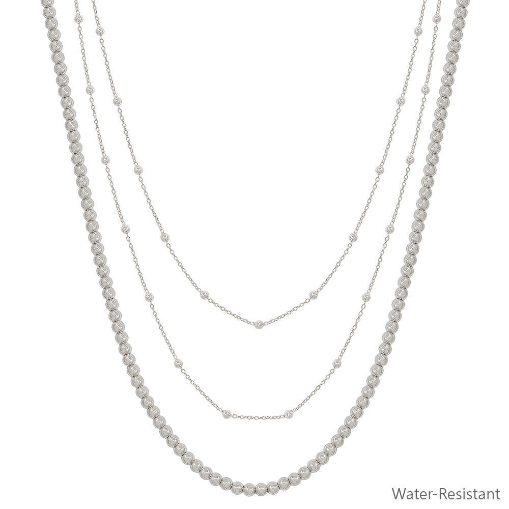 Water Resistant Triple Layered Thin Silver Chain with Beaded Layer 16"-18" Necklace
