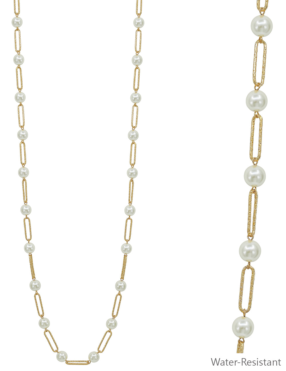 Water Resistant Gold Open Oval with Pearl 32" Necklace
