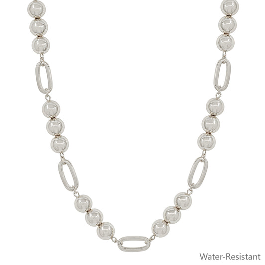 Water Resistant Silver Beaded 10MM Beaded and Open Oval 16"-18" Necklace