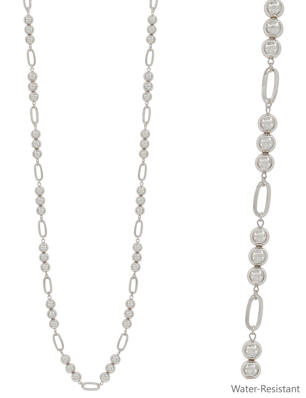 Water Resistant Silver Beaded 10MM Beaded and Open Oval 34" Necklace