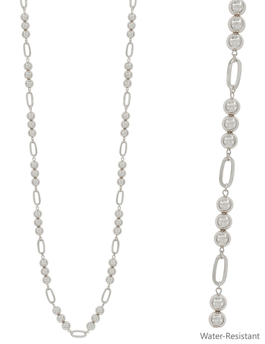 Water Resistant Silver Beaded 10MM Beaded and Open Oval 34" Necklace