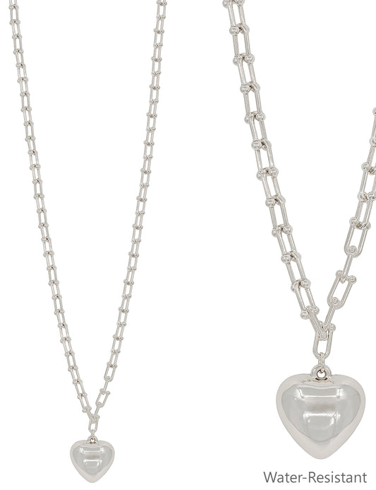 Water Resistant Silver 34" Chain with Puffy Heart Drop