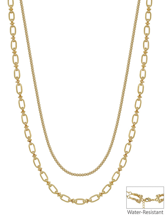Water Resistant 2MM Beaded and Gold Chain Layered 16"-18" Necklace