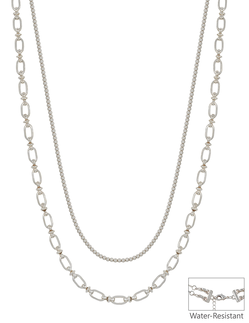 Water Resistant 2MM Beaded and Silver Chain Layered 16"-18" Necklace