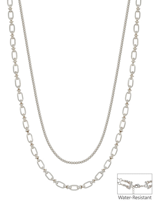 Water Resistant 2MM Beaded and Silver Chain Layered 16"-18" Necklace