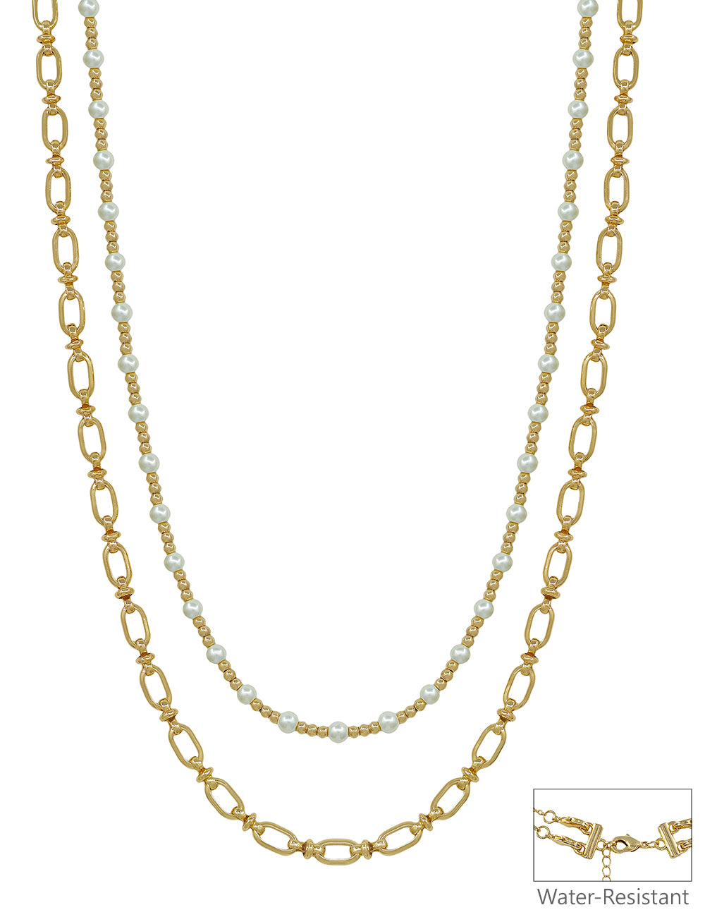 Water Resistant 2MM Pearl and Gold Chain Layered 16"-18" Necklace