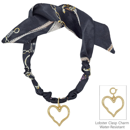 Black Knotted Scarf Necklace with Hammered 1.5" Open Heart Charm,  VERY POPULAR!