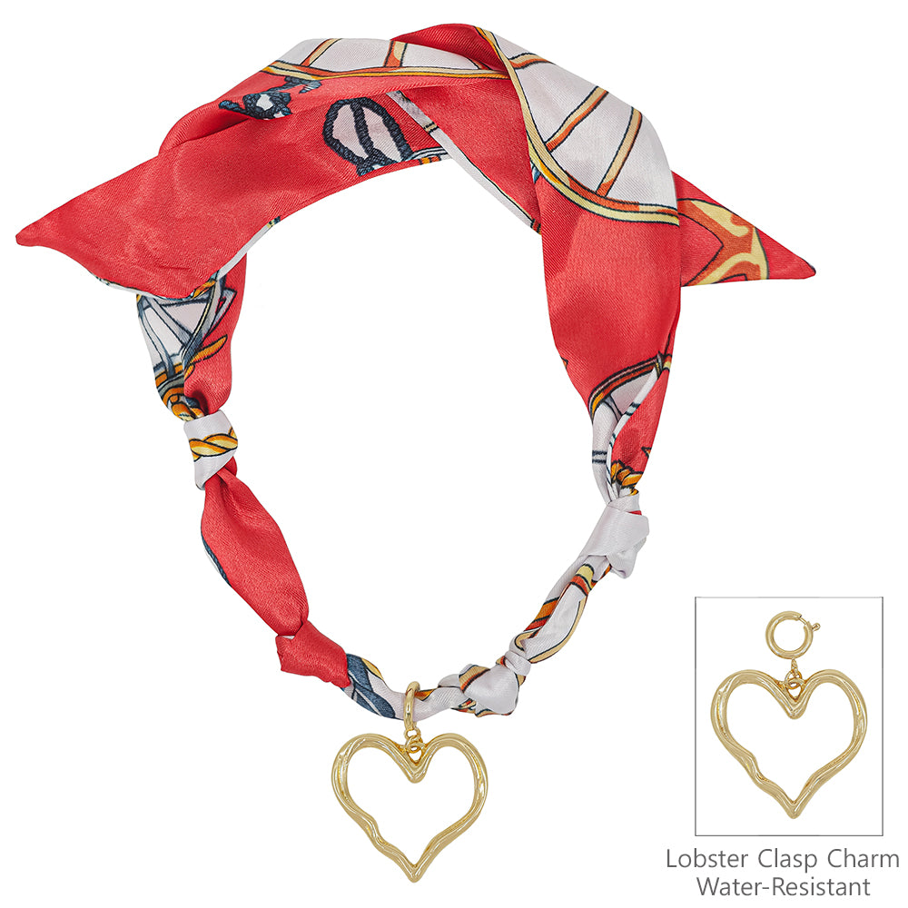 Red/White Knotted Scarf Necklace with Hammered 1.5" Open Heart Charm,  VERY POPULAR!