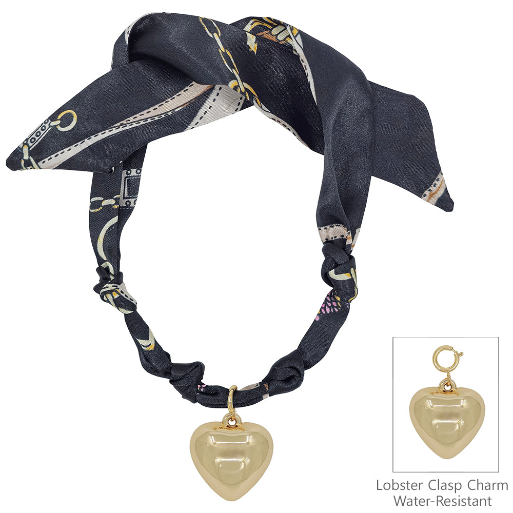 Black Knotted Scarf Necklace with Hammered 1" Puffy Heart Charm,  VERY POPULAR!