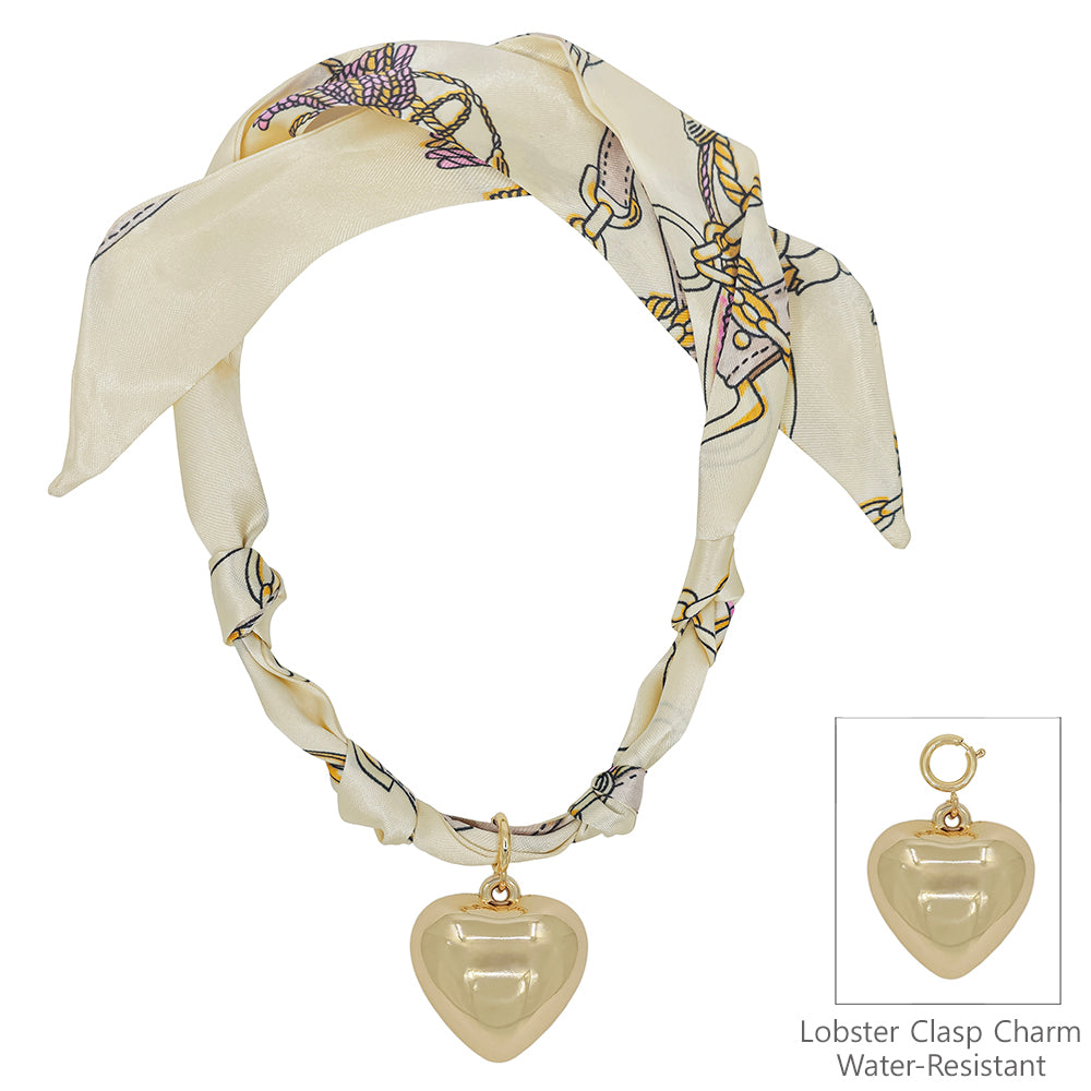 Cream/Neutral Knotted Scarf Necklace with Hammered 1" Puffy Heart Charm,  VERY POPULAR!