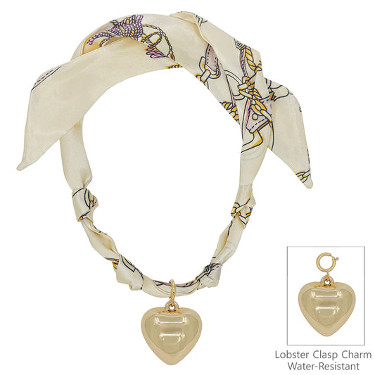 Cream/Neutral Knotted Scarf Necklace with Hammered 1" Puffy Heart Charm,  VERY POPULAR!