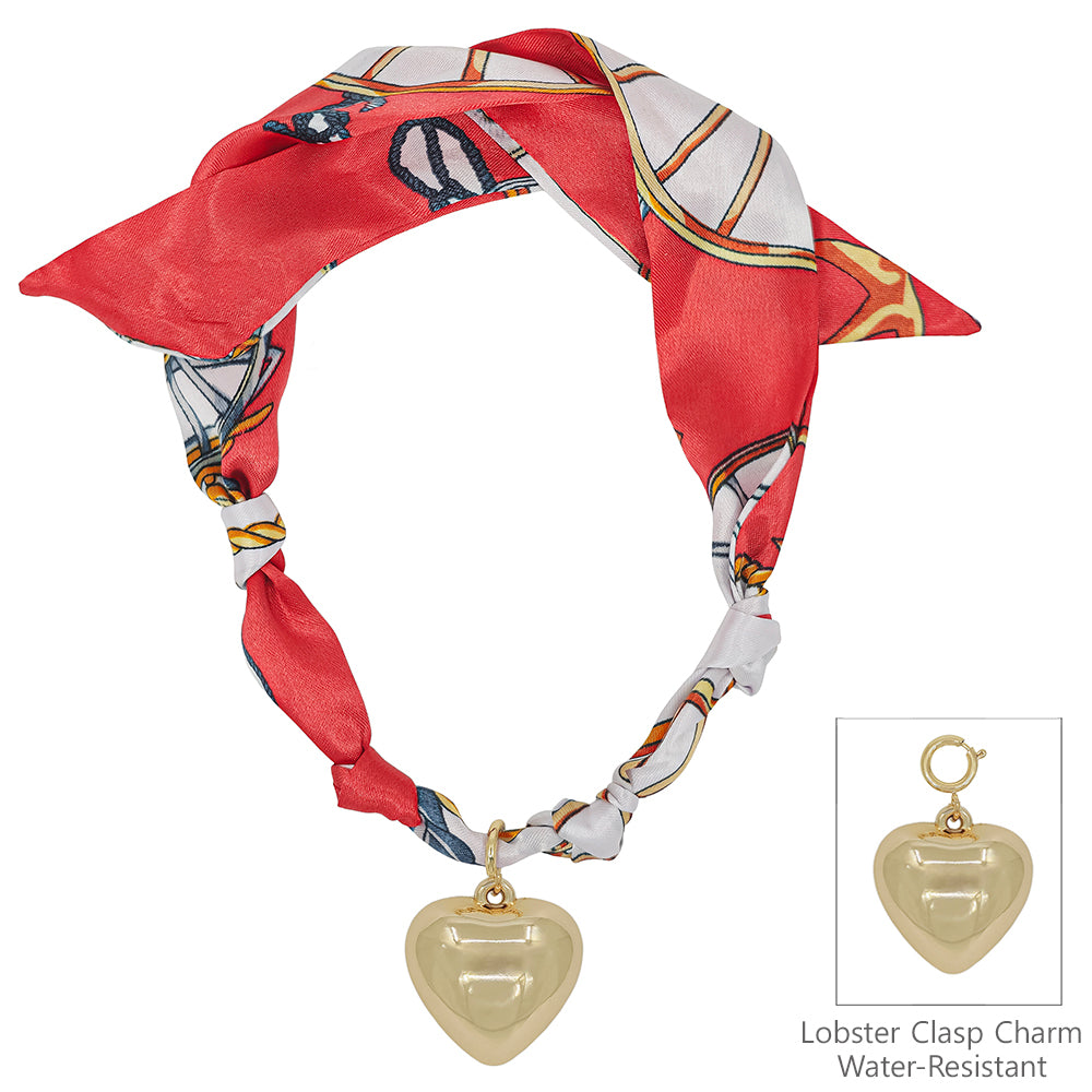 Red/White Knotted Scarf Necklace with Hammered 1" Puffy Heart Charm,  VERY POPULAR!