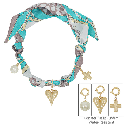 Blue/White Knotted Scarf Necklace with Puffy Heart,Open Cross, and Bow Charm,  VERY POPULAR!