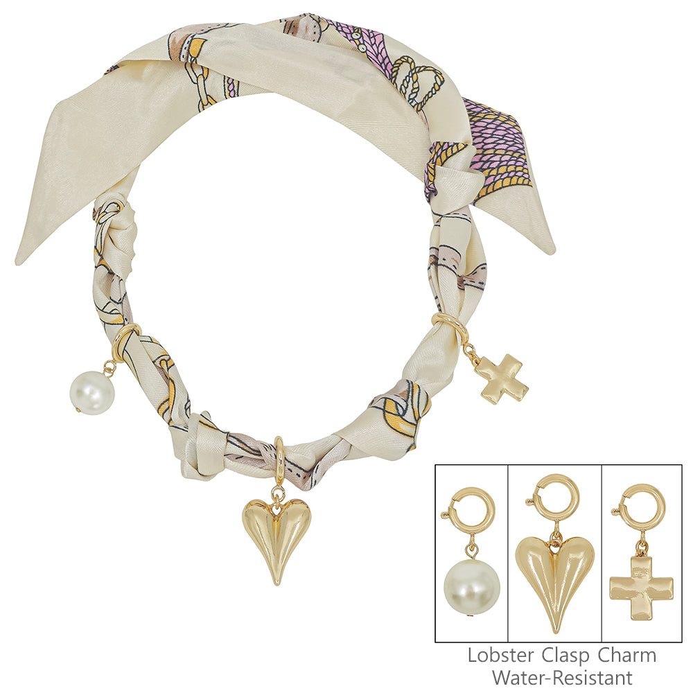 Cream/Natural Knotted Scarf Necklace with Puffy Heart,Open Cross, and Bow Charm,  VERY POPULAR!