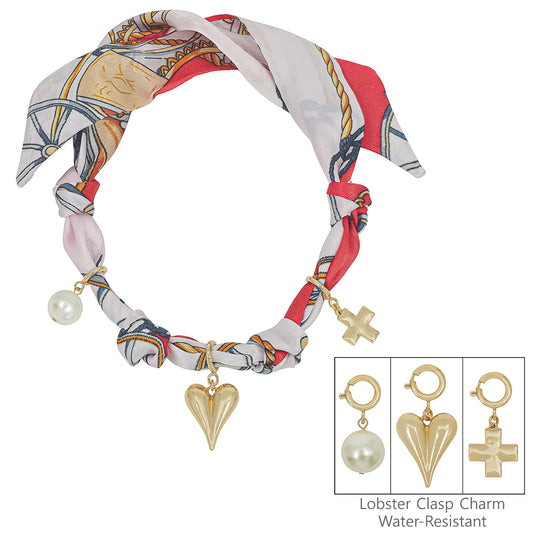Red/White Knotted Scarf Necklace with Puffy Heart,Open Cross, and Bow Charm,  VERY POPULAR!
