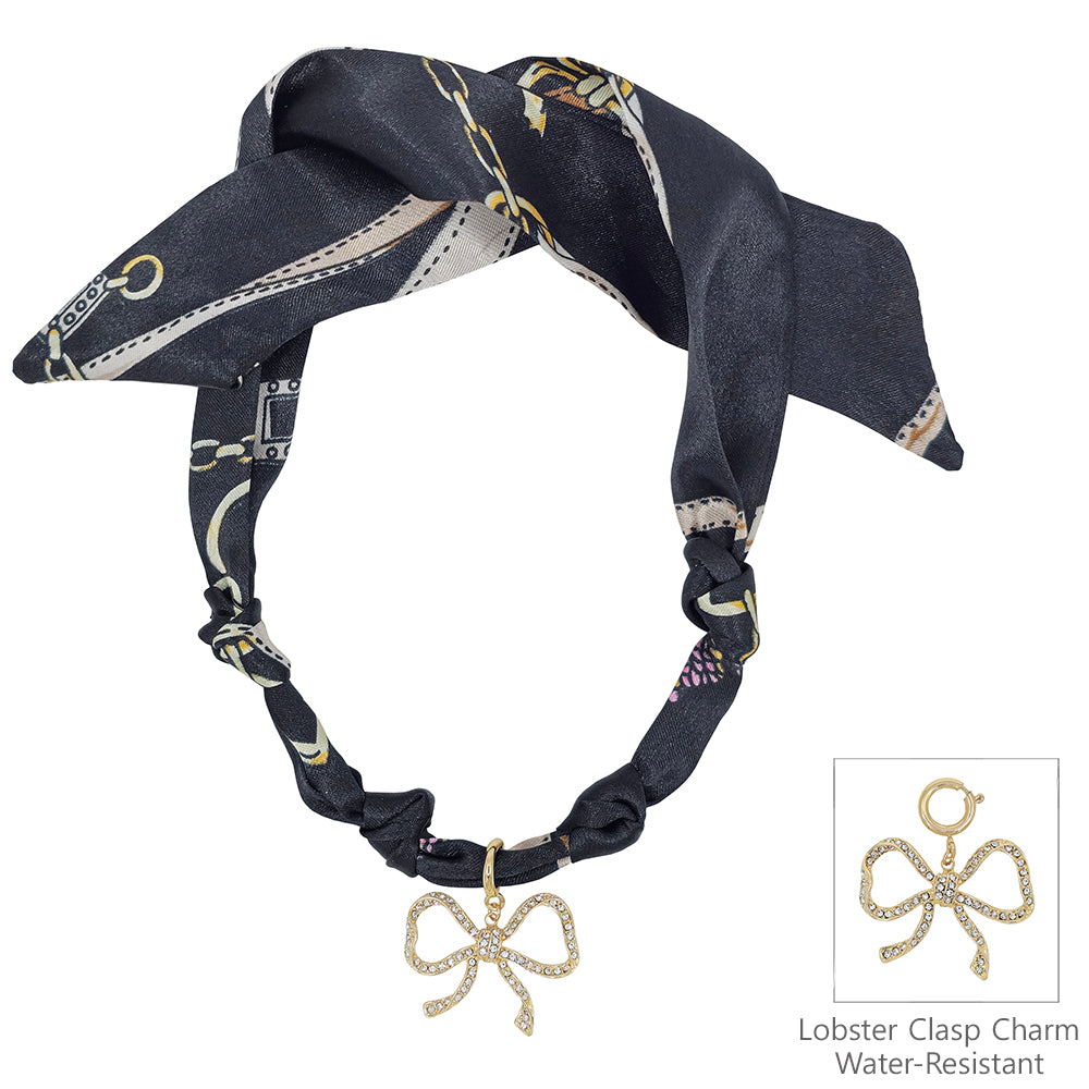 Black Knotted Scarf Necklace with Rhinestone Open Bow 1.5" Charm,  VERY POPULAR!