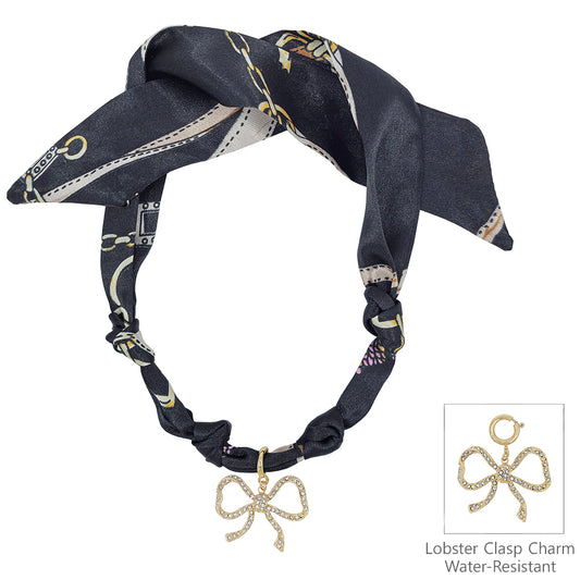 Black Knotted Scarf Necklace with Rhinestone Open Bow 1.5" Charm,  VERY POPULAR!