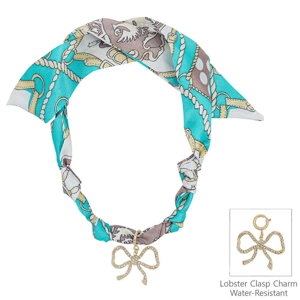 Blue/White Knotted Scarf Necklace with Rhinestone Open Bow 1.5" Charm,  VERY POPULAR!