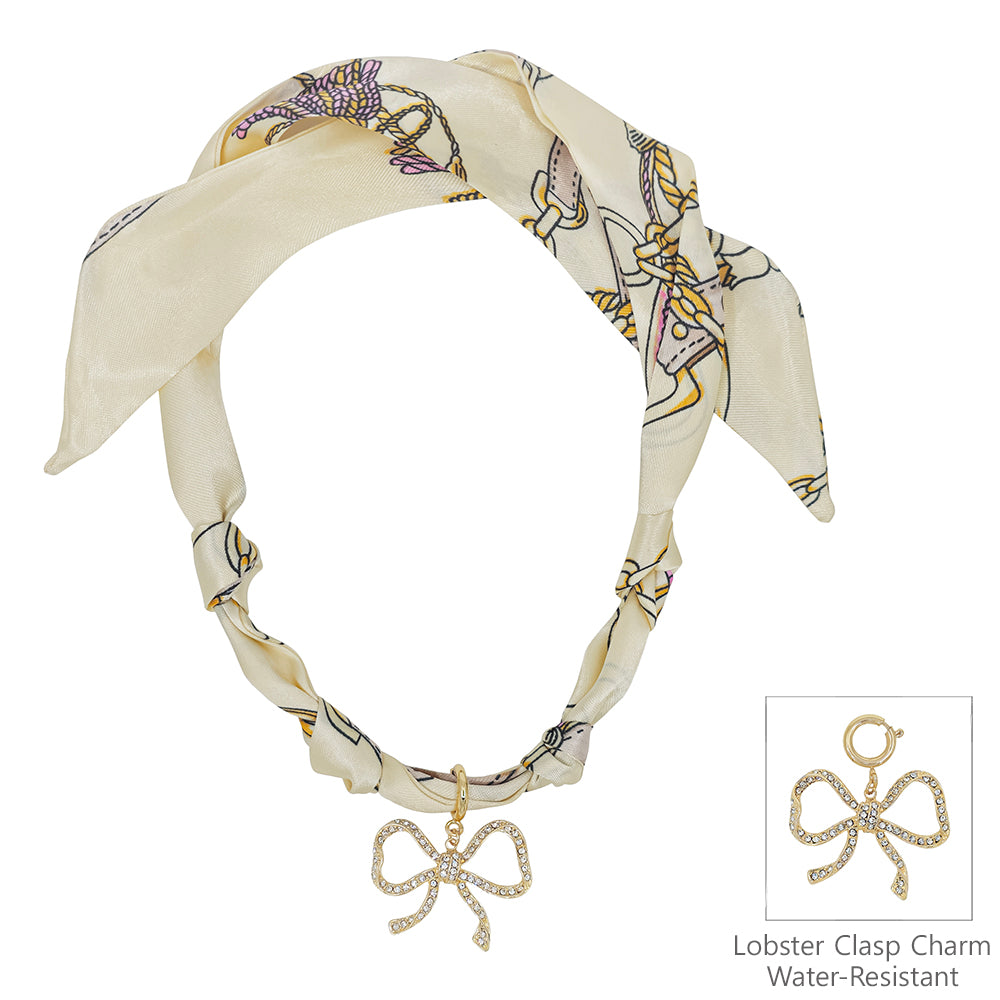 Cream/Natural Knotted Scarf Necklace with Rhinestone Open Bow 1.5" Charm,  VERY POPULAR!