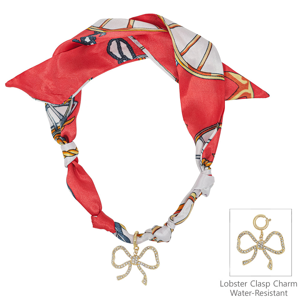 Red/White Knotted Scarf Necklace with Rhinestone Open Bow 1.5" Charm,  VERY POPULAR!