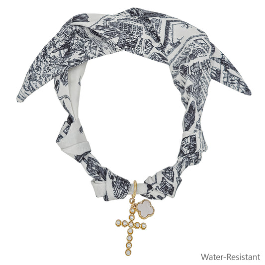 Black and White Scarf Necklace with Cross and Pearlized Clover Charm