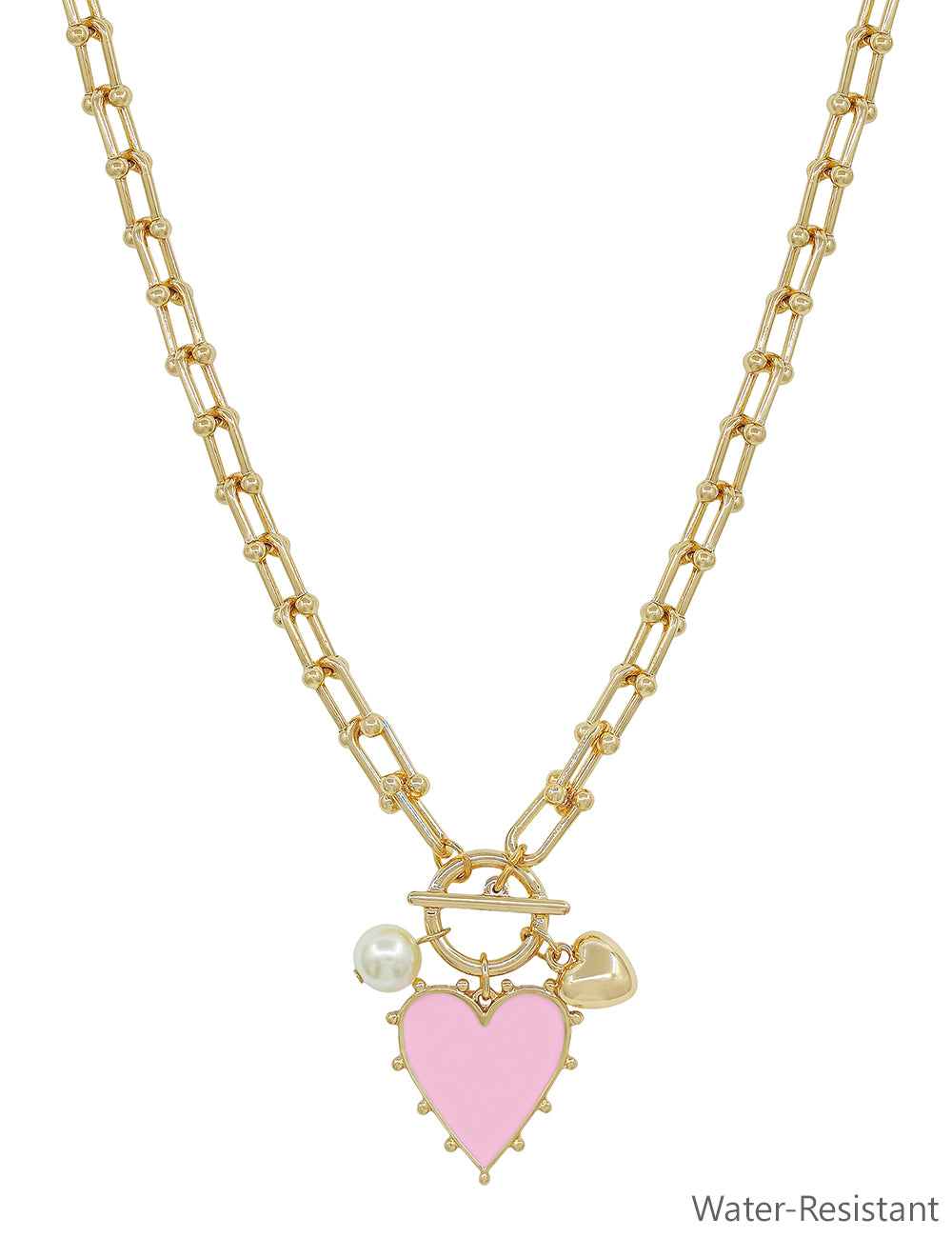 Gold Chain Necklace with Pink Studded Heart Charm 16"-18" Necklace