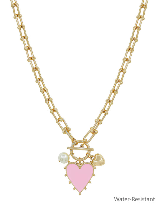 Gold Chain Necklace with Pink Studded Heart Charm 16"-18" Necklace
