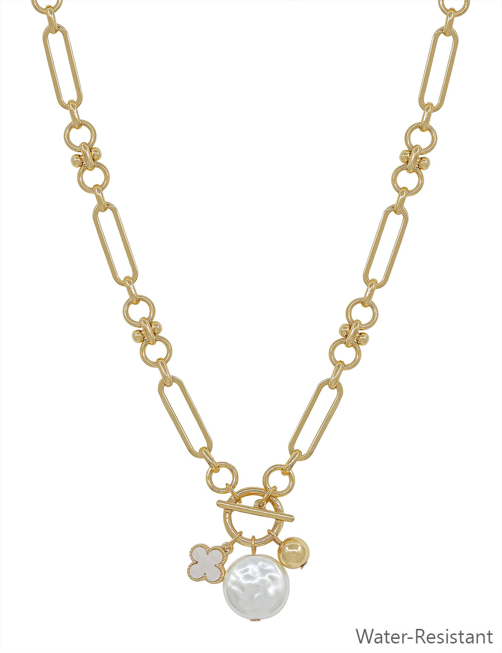 Water resistant Gold Chain with Pearl, Clover Charms 16"-18" Necklace