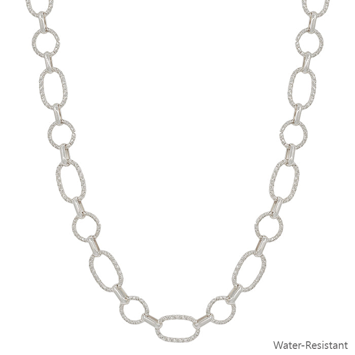 Water Resistant Silver Textured Open Circle Chain 16"-18" Necklace