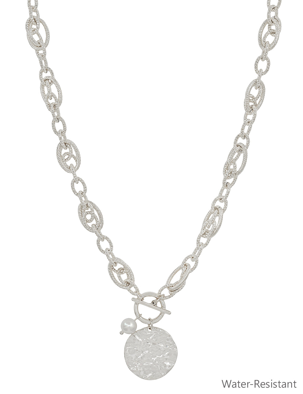 Water Resistant Silver Chain with Hammered Coin and Pearl 16"-18" Necklace