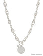 Water Resistant Silver Chain with Hammered Coin and Pearl 16"-18" Necklace