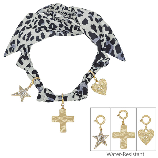 White and Black Cheetah Print Scarf Necklace with Heart, Cross, and Star Charms