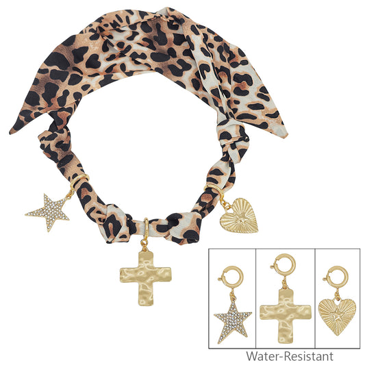 Cheetah Print Scarf Necklace with Heart, Cross, and Star Charms