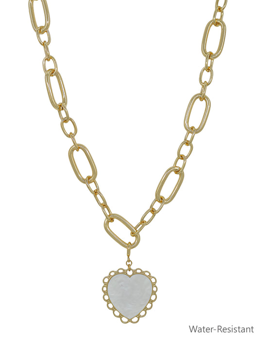 Gold Chunky Oval Link Chain with 1.5" Mother of Pearl Heart Charm Necklace