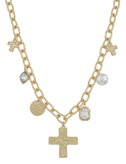 Water Resistant Gold Chain with Hammered Cross, Pearl, and Crystal 16"-18" Necklace
