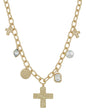 Water Resistant Gold Chain with Hammered Cross, Pearl, and Crystal 16"-18" Necklace