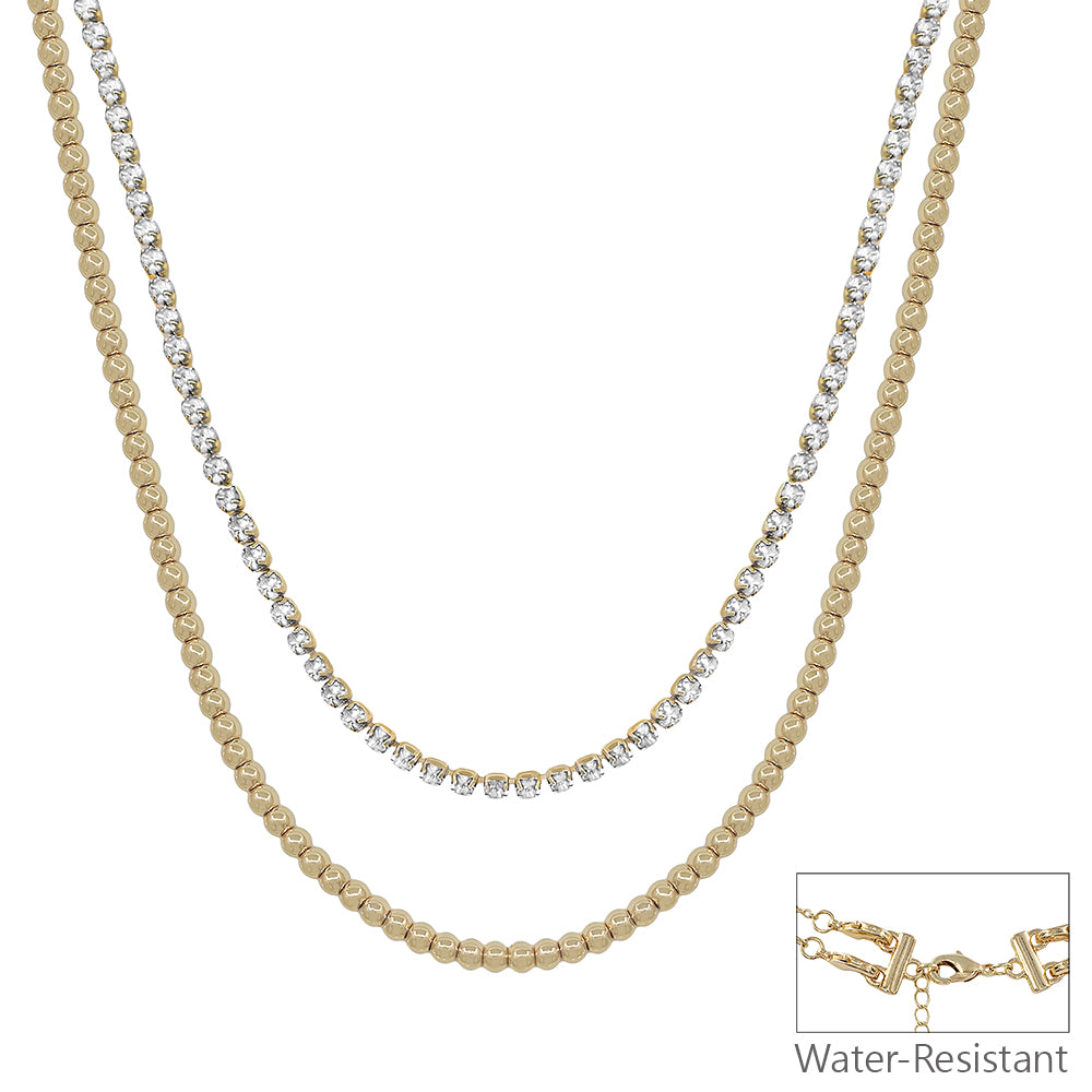 Water Resistant Gold Rhinestone Chain with Gold Beaded 16"-18" Necklace